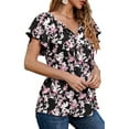 thumbnail image 4 of Chiffon Top, V Neck Chiffon Top Polyester Printed Ruffle Sleeve  For Dating Pink Flower With Black Background S, 4 of 6
