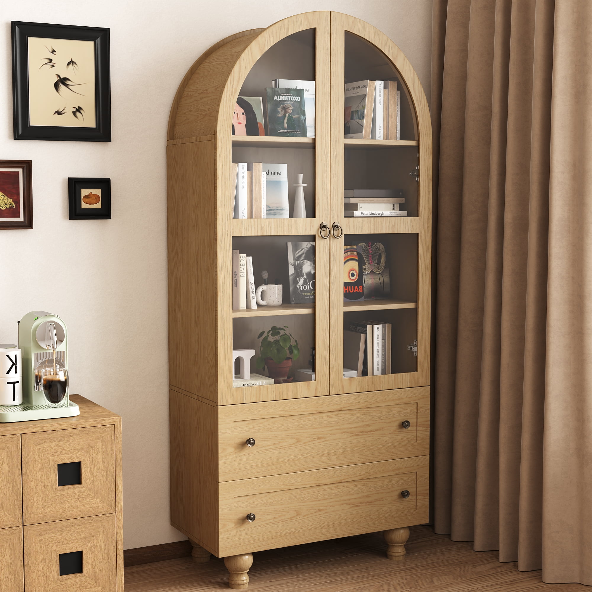 NEGYLIM 71'' Arched Kitchen Pantry Cabinet & Display Cabinet with Glass Doors, 4 Shelves, 2 Drawers, Solid Wood Legs, Suitable for Kitchen, Bedroom and Living Room, Easy Storage
