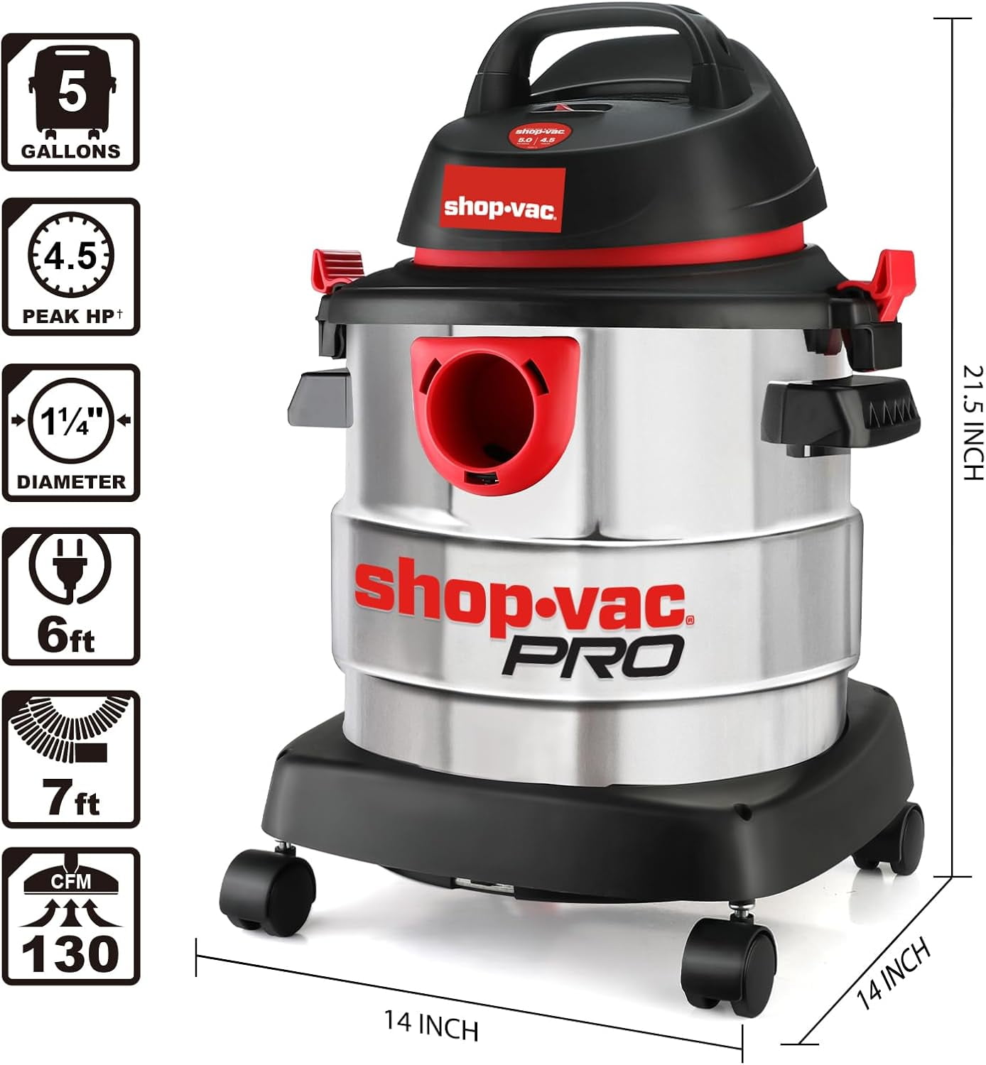 Shop-Vac Wet/Dry Vacuum Cleaner, 5 Gallon, 4.5 HP, Corded Electric, Silver, Model 5989300 for Garage Use