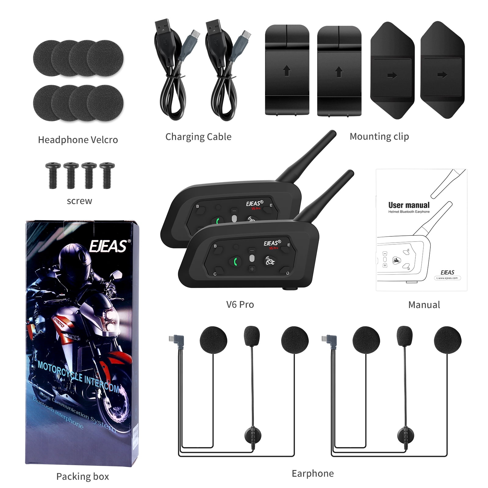 EJEAS V6 Bluetooth Motorcycle Helmet Intercom Headset 1200M 850mAh Motorbike Interphone Headphone 6 Riders for Riding(Dual)