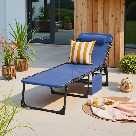 Vineego Folding Chaise Lounge Chair, 5-Position Adjustable Textilene Outdoor Lounger, 350-LB Heavy-Duty Patio Pool Chair with Side Pocket & Removable Pillow,Blue