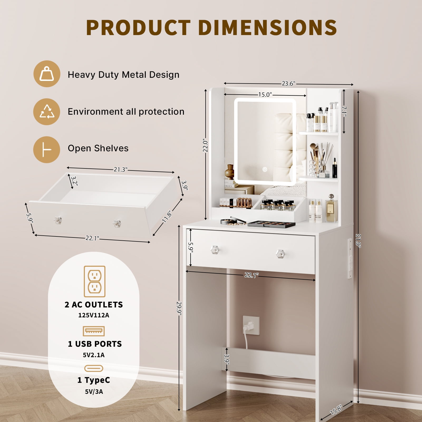 Satifur Vanity Desk with Mirror & Lights, GRWM Vanity with Drawers & Storage Shelves, Makeup Dressing Table with Charging, White