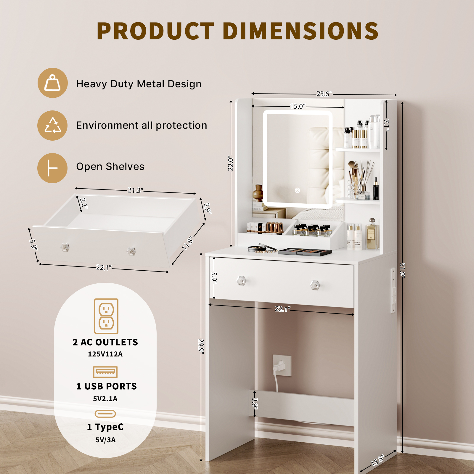 Satifur Vanity Desk with Mirror and Lights, White photo 6