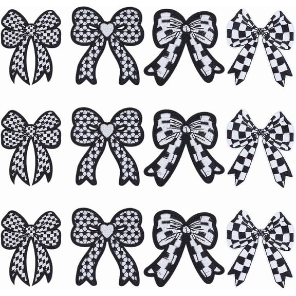 12Pcs 4 Styles Checkered Bow Iron on Patches 2.7~3" Embroidered Fabric Patches Bow Applique Iron On Patch Bows Black Bow Patch for Summer Clothe Jean Backpack Hat Jacket T-Shirt Black