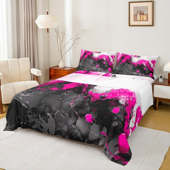 Manfei Abstract Marble Twin Sheet Sets 3pcs, Black Hot Pink White Twin Fitted Sheet, Modern Watercolor Marbling Flat Sheet, Ultra Soft Home Decor