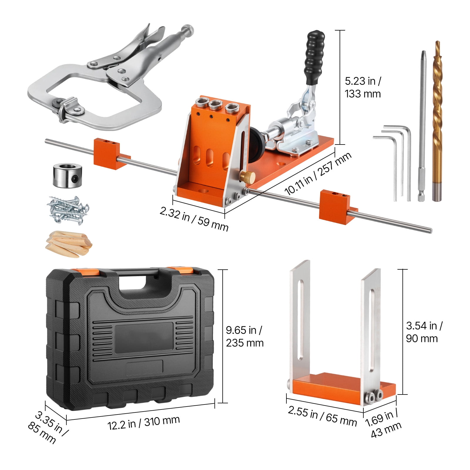 KFFKFF Adjustable Pocket Hole Jig Kit, Compatible with 1/2 to 1-1/2 Inch Materials, Includes Toolcase, C-Clamp, Step Drill, Hex Wrench, Drill Stop Ring, Square Drive Bit, Durable Metal Frame