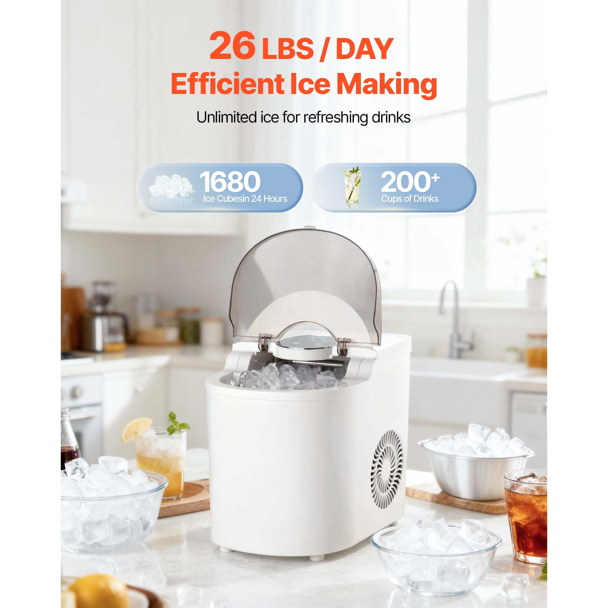 KFFKFF Countertop Ice Maker, Produces 7 Ice Cubes in 6 Minutes, 26 lbs Daily Capacity, Portable Machine with Self-Cleaning Function, Includes Ice Scoop, Offers Two Sizes of Bullet-Shaped Ice for Home