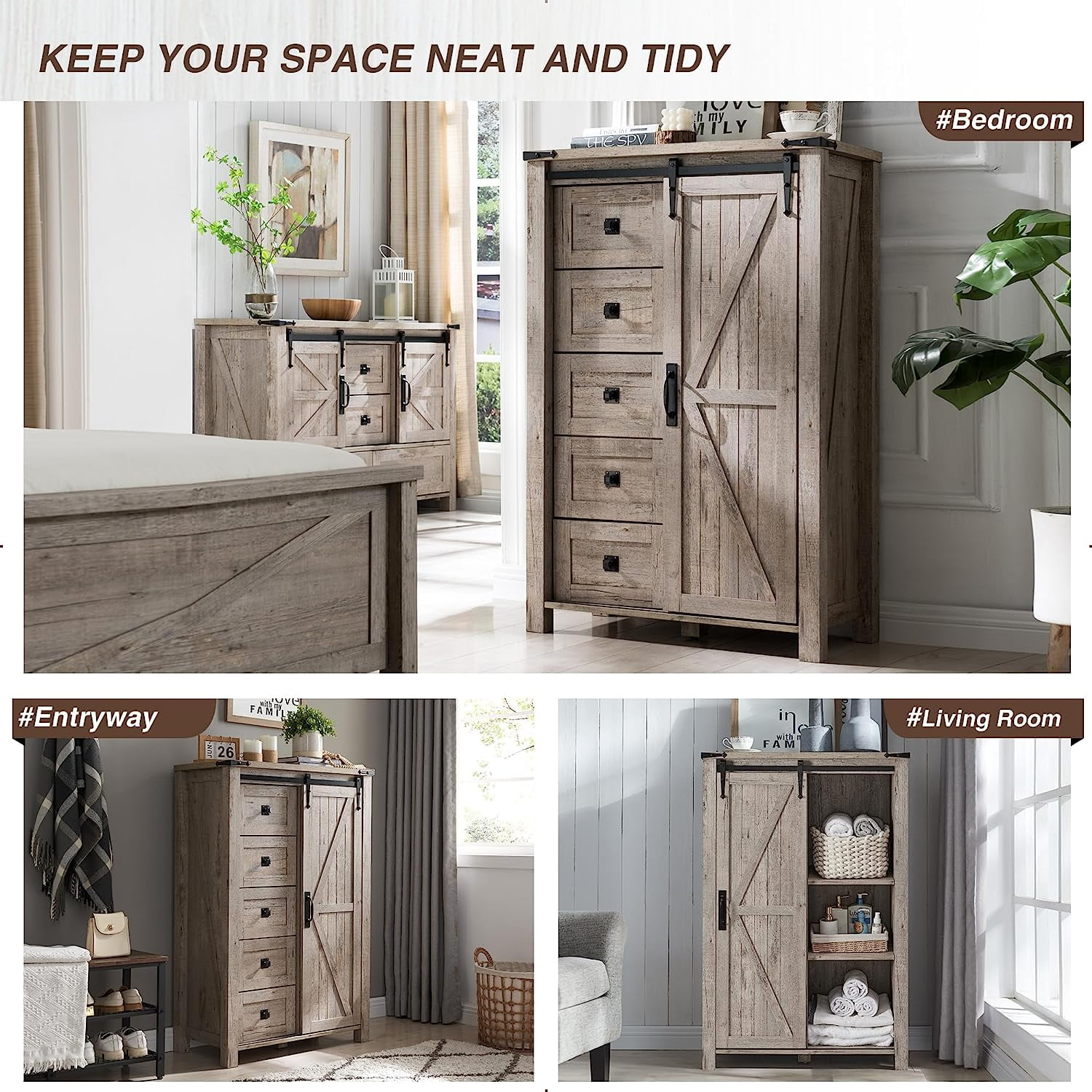OKD Modern Farmhouse 5-Drawer Dresser with Barn Door, Adjustable Storage Cabinet for Bedroom Living Room, Light Rustic Oak