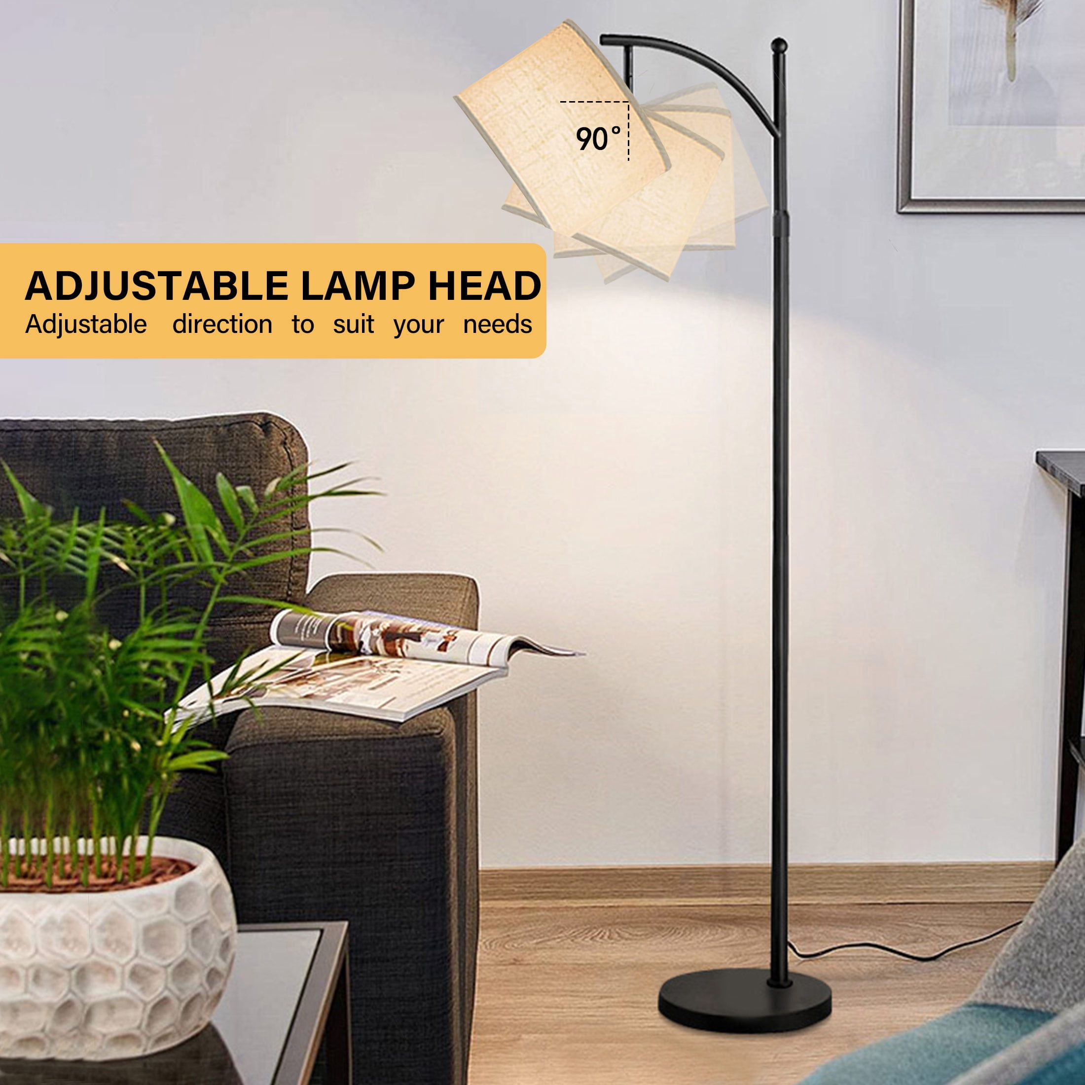 Dimmable Floor Lamp with Remote , Arc Floor Lamps for Living Room, Modern Standing Lamp with Linen Shade & 3 Color Temperatures LED Bulb, Tall Lamp for Bedroom Office Dining Room- Black