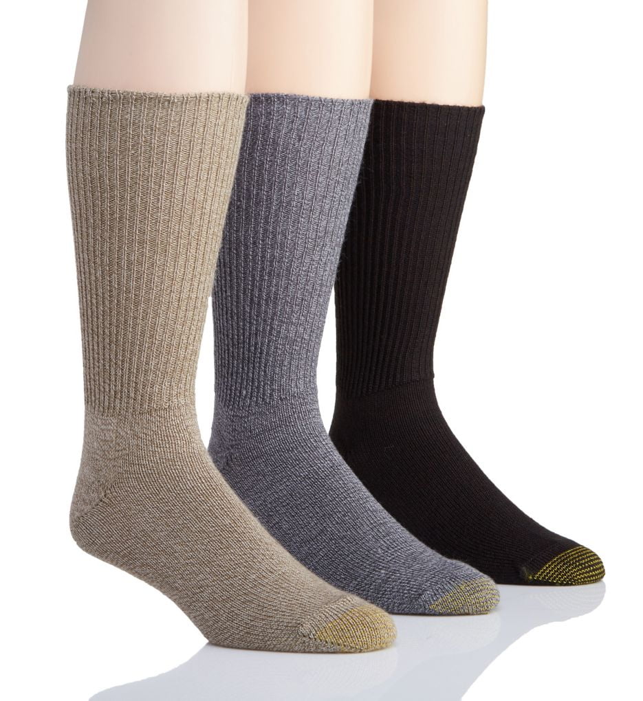 Men's Gold Toe 523S Fluffies 1x1 Rib Crew Socks 3 Pack (Khaki/Grey