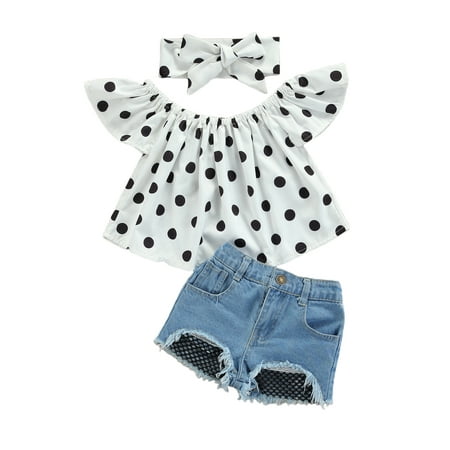 

Bagilaanoe 2pcs Toddler Baby Girl Short Pants Set Print Fly Sleeve Tops + Ripped Denim Shorts 1T 2T 3T 4T 5T 6T Kids Casual Summer Outfits
