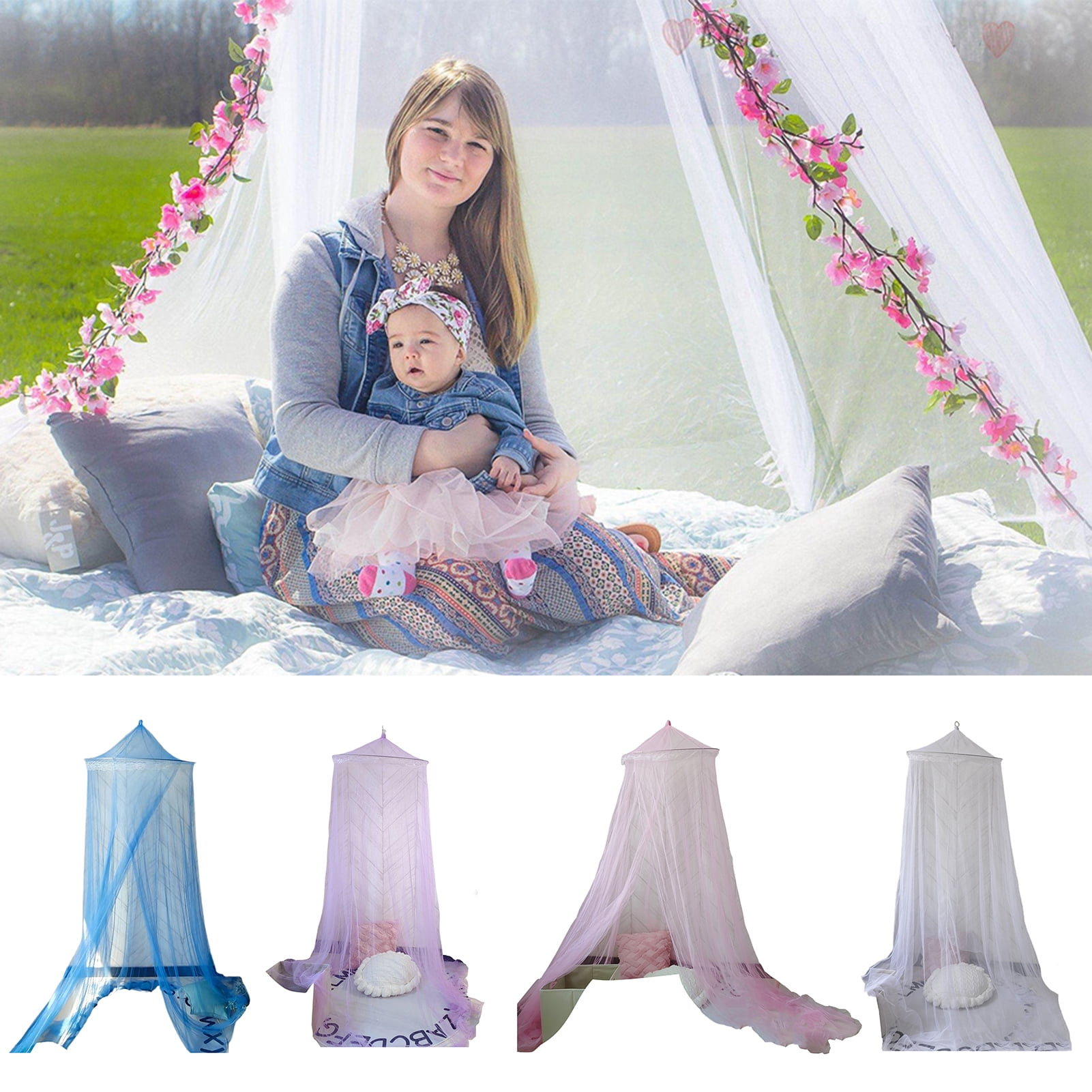 Deyuer Bed Canopy Fine Mesh Breathable See-through Easy Installation Hanging Net Canopy Solid Color Round Dome Princess Girls Bed Curtain Bedroom Decoration