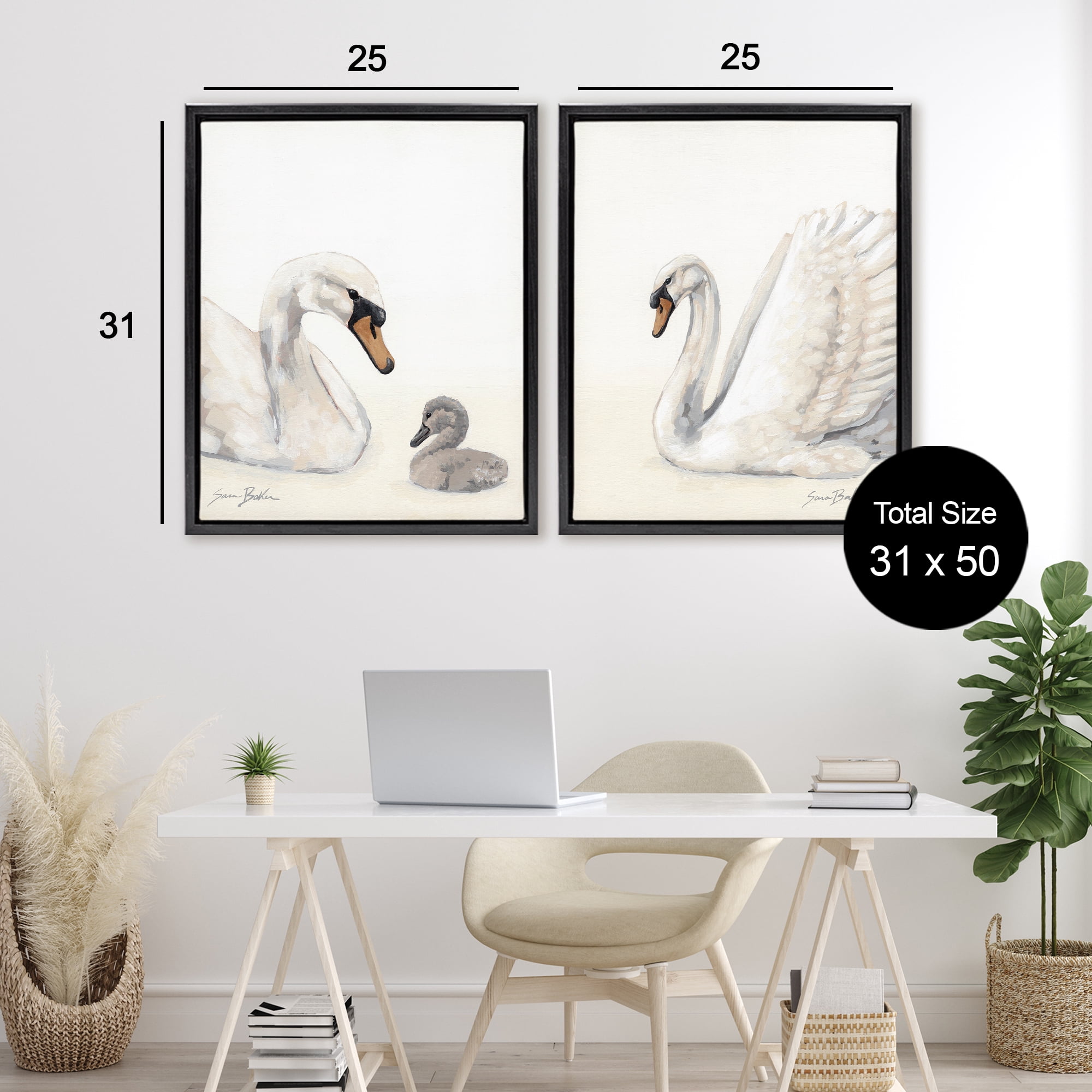 Stupell Industries Graceful Swan & Cygnet 2 Piece Black Framed Floater Canvas Set, design by Sara Baker