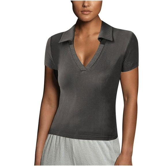Lovskoo Knit Summer Tops for Women 2024 Button Down Collared Short Sleeve Solid Color Casual Trendy Slim Bottom Wear T Shirt Gray
