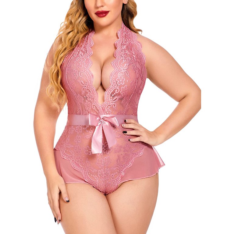 Avidlove Plus Size Lingerie for Women Sexy Pink Satin Teddy