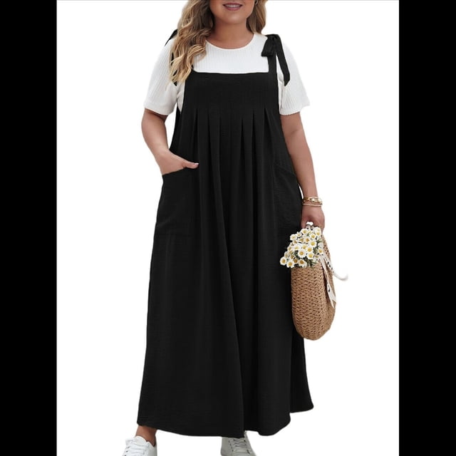 Vestido de Verano para Mujer, Talla Grande, Informal, Sin Mangas, con Tirantes Finos, para Playa Negro XXL