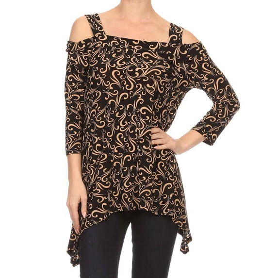 Avital Womens Cold Shoulder Asymmetrical Trapeze Shirt (Brown White Swirl, Small)