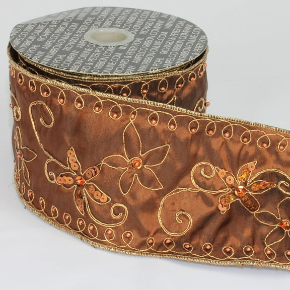 The Ribbon People Brown Contemporary Floral Wired Craft Ribbon 4" x 10 Yards