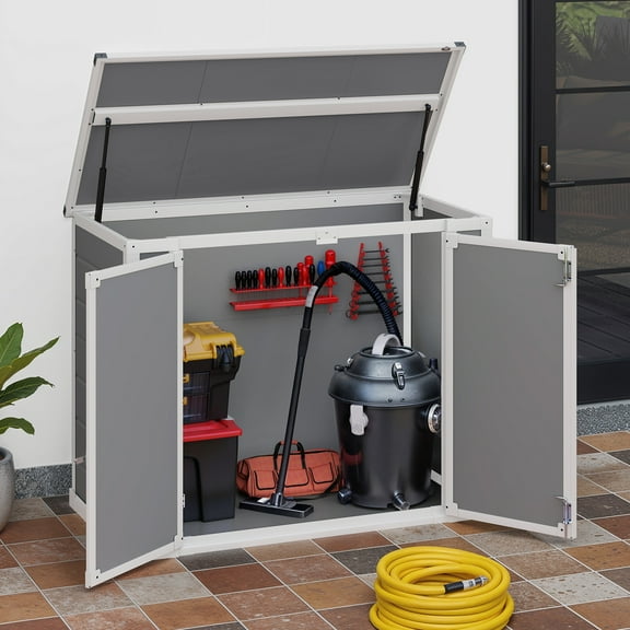 Uforic Storage Shed with Front & Lift-Up Doors, Double-Layer Resin, Lockable Latch for Outdoor, Gray