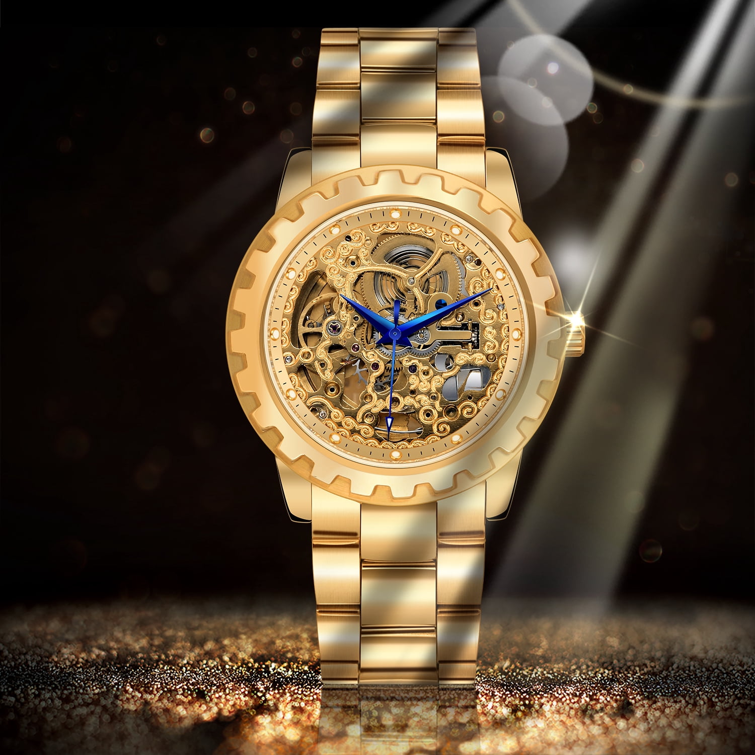 BERNY Automatic Watches for Men, Luxury Skeleton Mechanical Watch Self Winding Carved, Exhibition Caseback, Luminous, 5ATM Waterproof, Stainless Steel, Vintage Men's Wrist Watch (Gold)