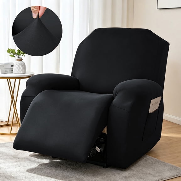 Recliner Covers, Stretch Slipcover, Washable 4‑piece Milk Silk Fabric Furniture Protector for Living Room Recliner Decor(Black)