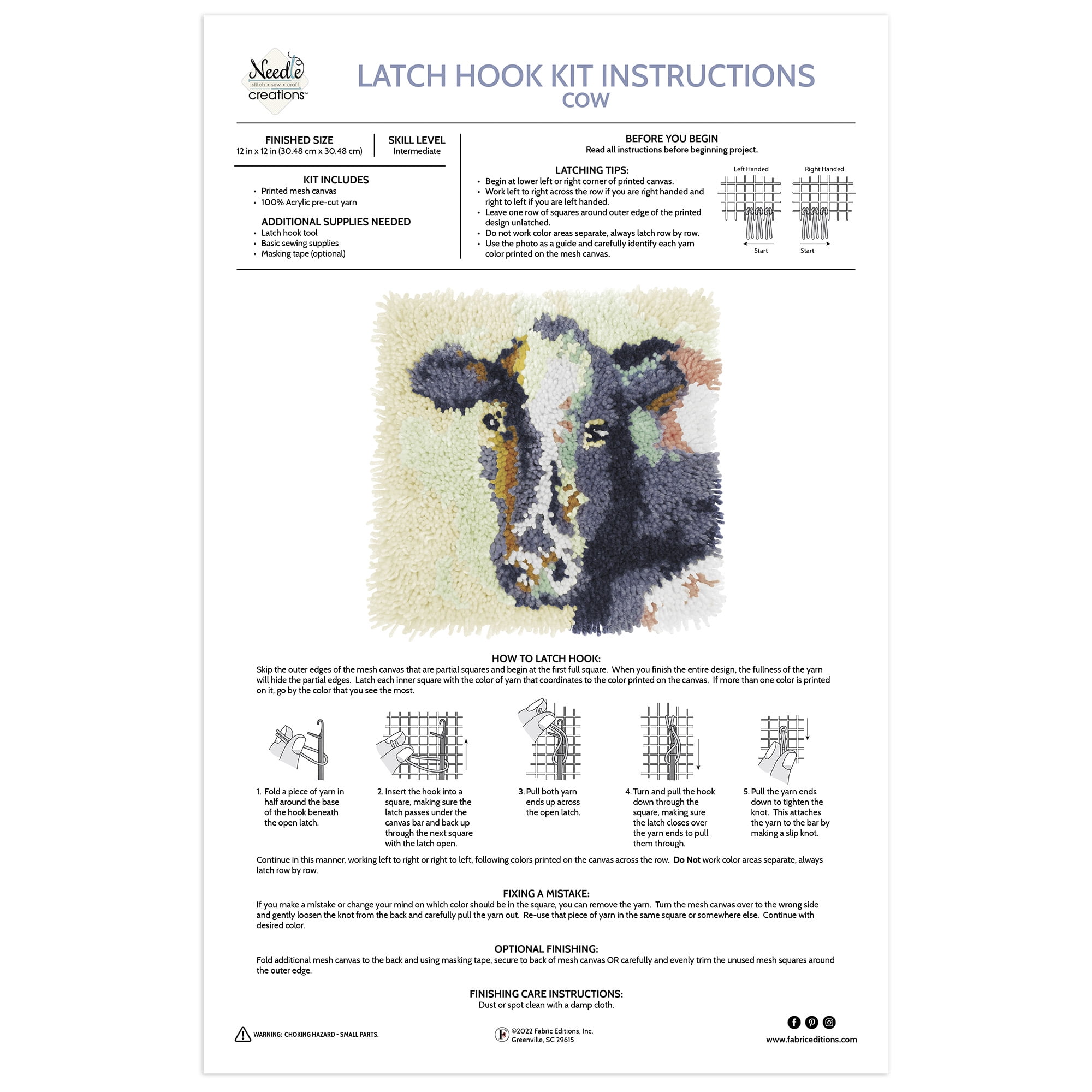 Needle Creations Latch Hook Kit 12"x12" Cow, 1 Piece