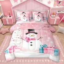 Homewish Kawaii Pink Snowman Bedding Comforter Set 7 Pieces for Teens, Winter Xmas Tree Snowflake Full Bedding Set, Fairy Tale Style Reversible Fitted Sheet Flat Sheet, Luxury Bedroom Decor