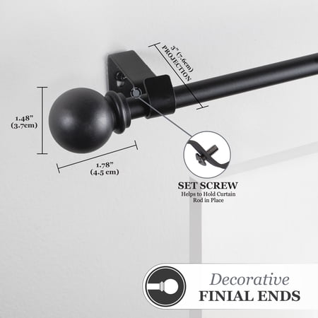 Kenney Chelsea 5/8 Matte Black Single Curtain Rod, 28-48, Black