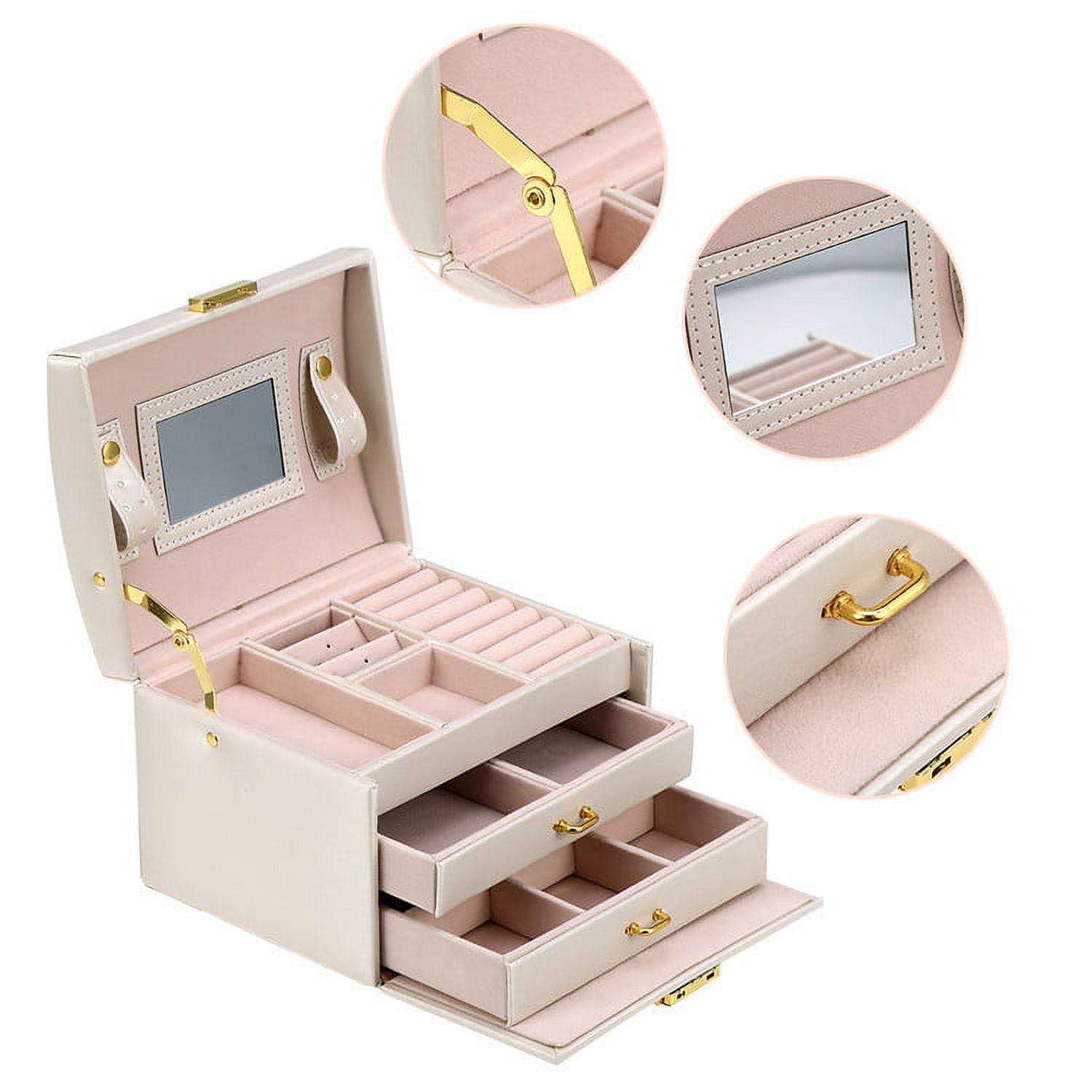 Walfront 3-Layer Girls Leather Jewelry Box And Jewelry Organizer Watch Storage Lockable Jewelry Organizer Mirrored Storage Case for Women, Beige