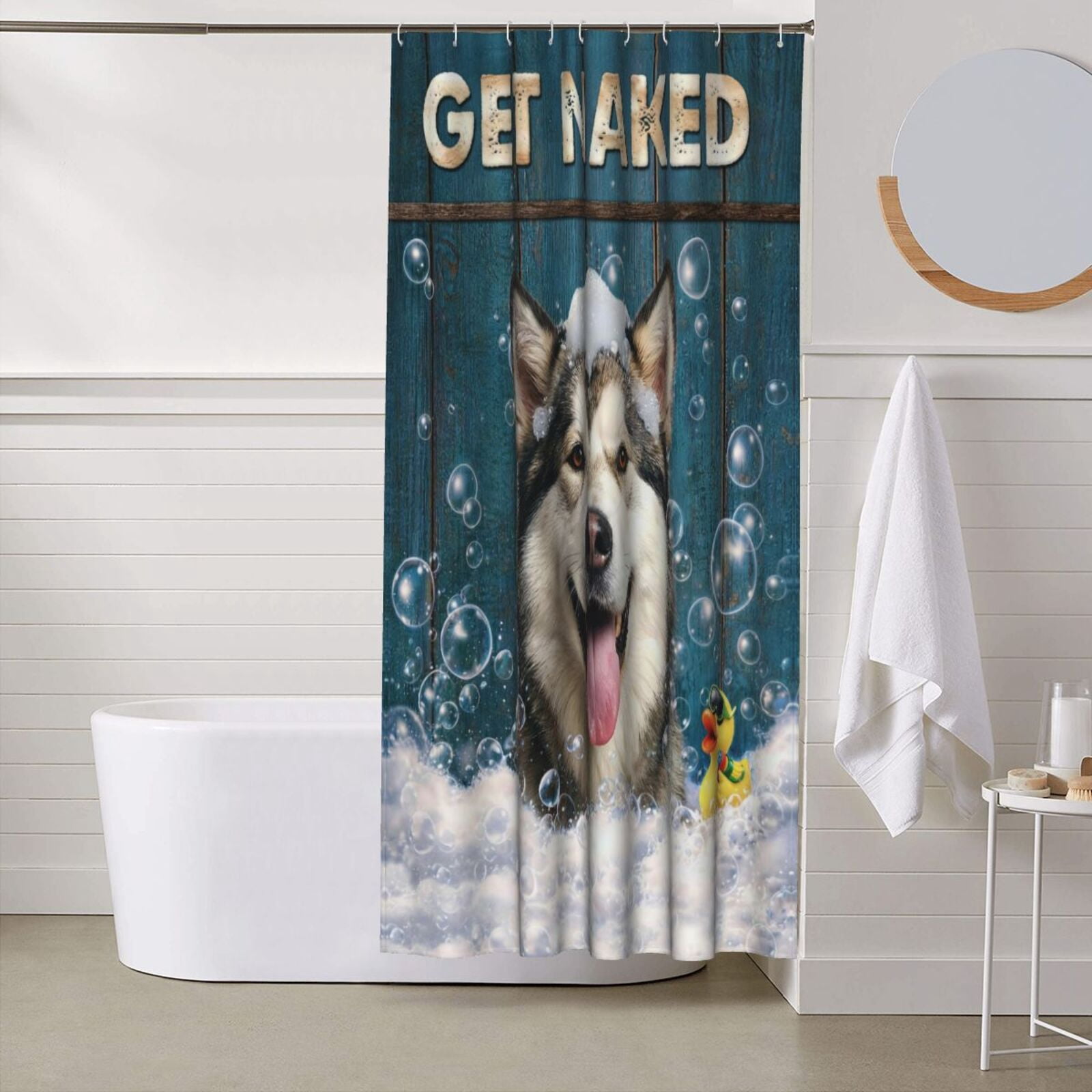 Funny Alaskan Malamute Shower Curtain - Get Naked Humorous Bath Decor, Waterproof Fabric, Cute Dog in Bubbles with Duck, Bathroom Accessory for Dog Lovers - 60"x72"