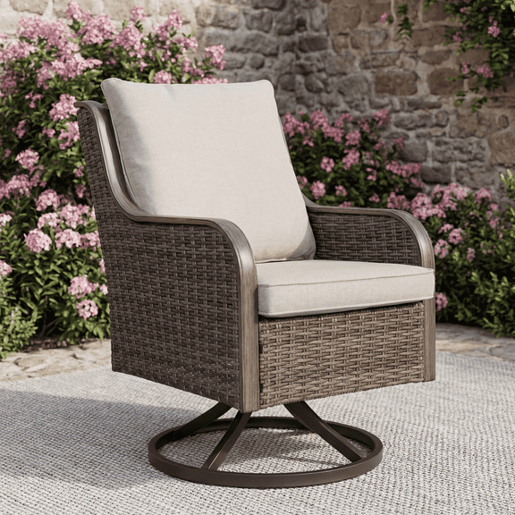 All-Weather Outdoor Swivel Chair with Cushions for Patio, Porch, Garden – 360° Rotation, PE Wicker, Weather-Resistant, Water-Resistant Cushions, Ergonomic Design (Single Chair)
