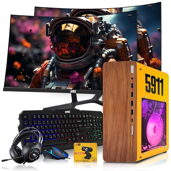 Restored HP Full Dark Gaming PC Desktop Computer 5911 AMD Ryzen 3 PRO, GT 1030, 16GB RAM, 512GB SSD, Dual 24 Inch Curved Monitor, RGB KBM, Headphone, WiFi BT, Webcam, Win 11