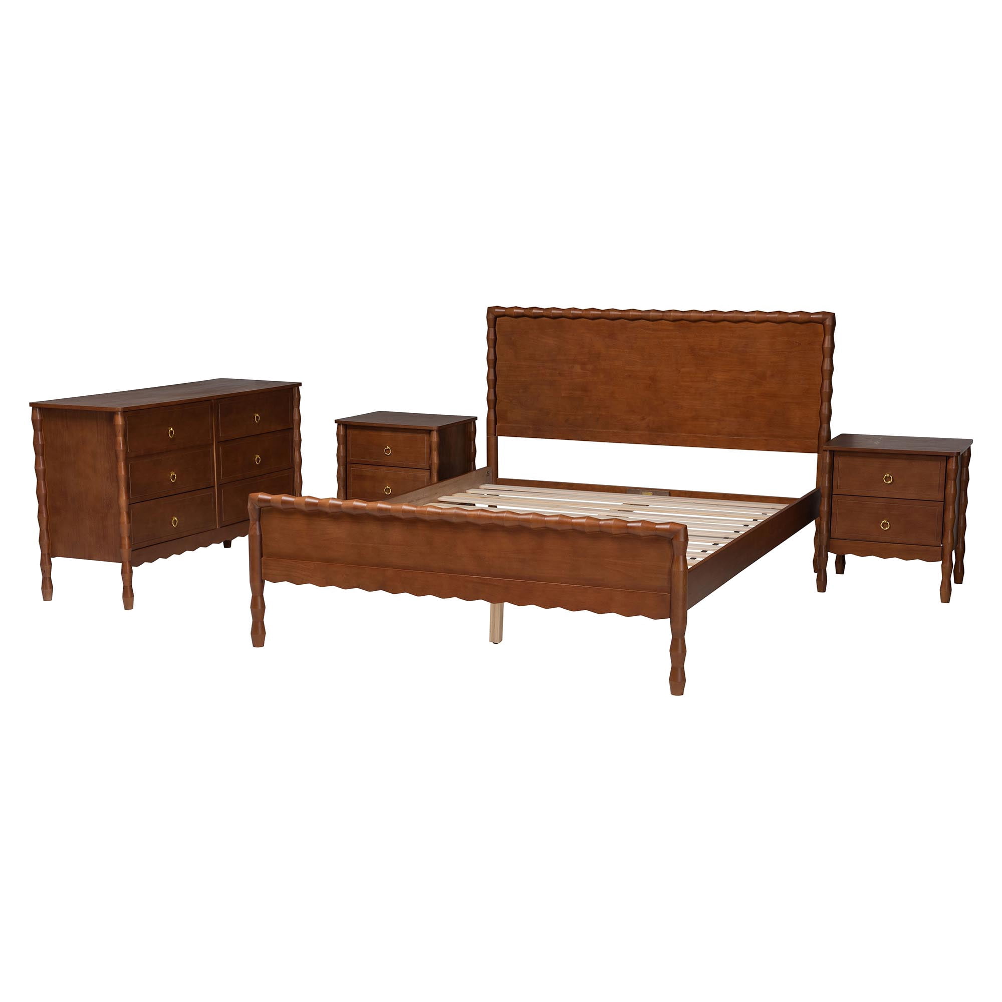 Baxton Studio Seamus Mid-Century Modern Bedroom Set, 4-Piece Set with Two Nightstands, Queen, Walnut Brown