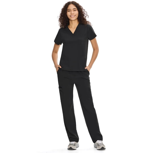 Conjunto de uniforme médico COZYFIT con cuello en V, blusa y pantalón negro talla M