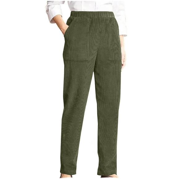Ltctricy Corduroy Pants for Women Elastic High Waisted Straight Leg Casual Pants Pull on Vintage Trousers with Pockets(Army Green,Small)