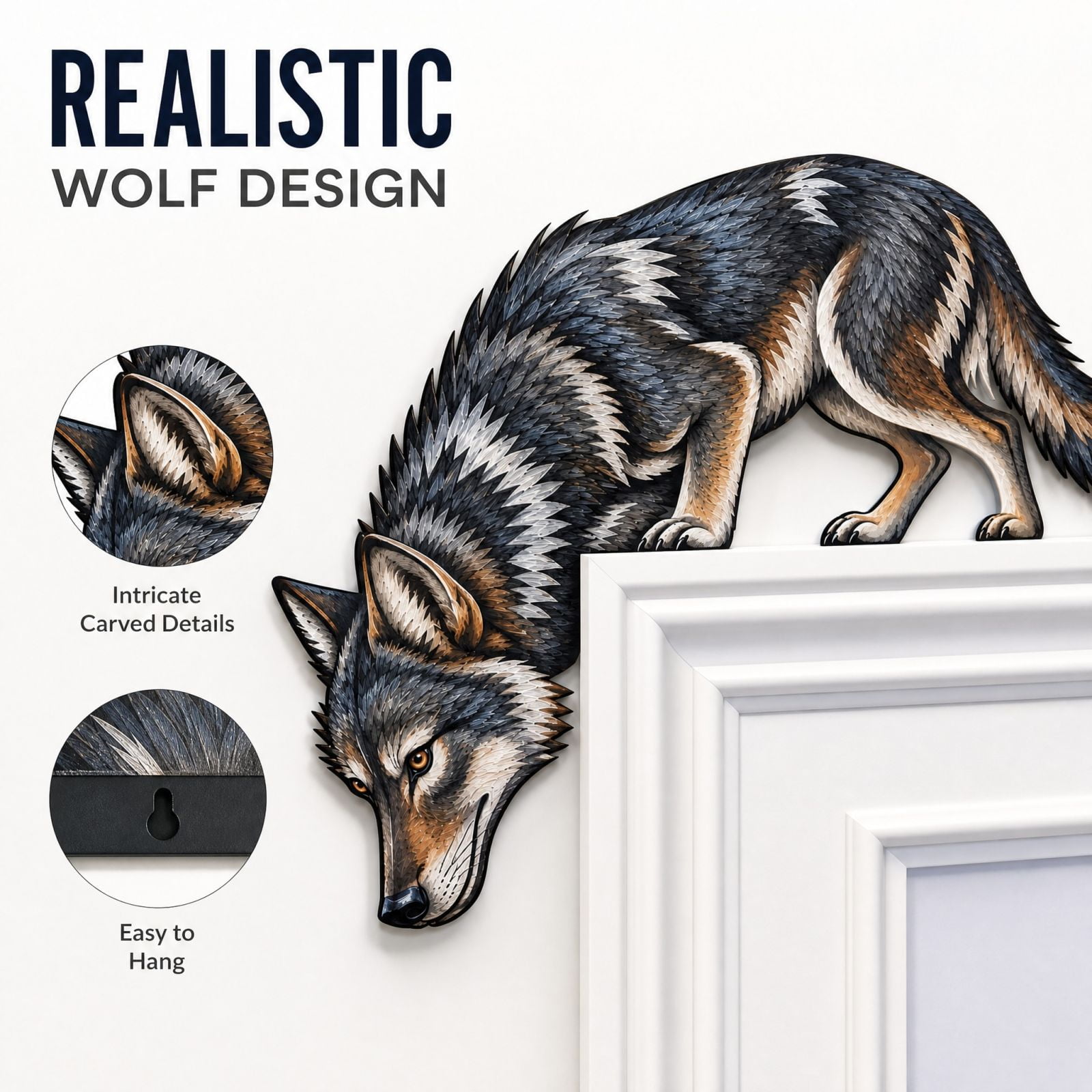 Wolf Animal Door Corner Wooden Decor Black Home Accent for Bedroom Wall Art Cabin Themed Decoration Gift for Nature Lovers