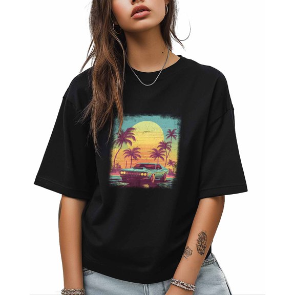 T Shirts for Women Short Sleeve Cotton Crewneck T-Shirt, American Retro Vacation Car Sunset Tee Tops Casual Basic T-Shirts, XS-5XL Black XXL
