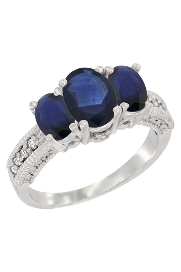 14K White Gold Diamond Natural HQ Blue Sapphire Ring Oval 3-stone, size 8.5
