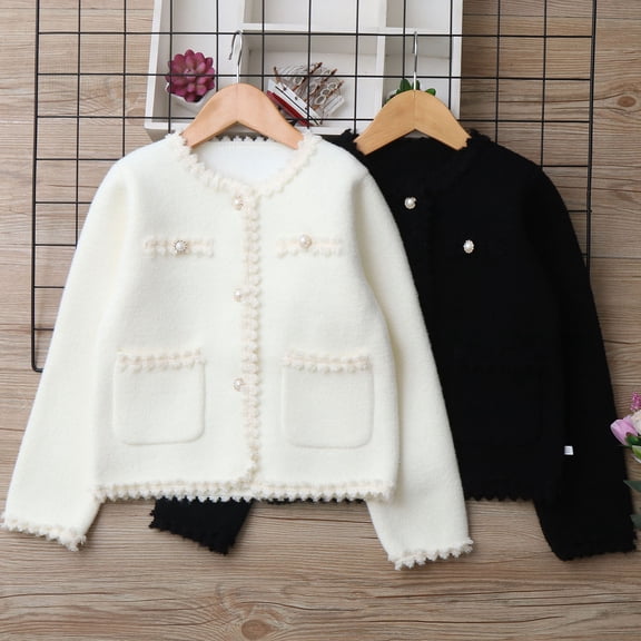 AINIYS Little Girl Sweater Cardigans Long Sleeve Crewneck Button Closure Solid Lace Tops Coat Black 5 Years