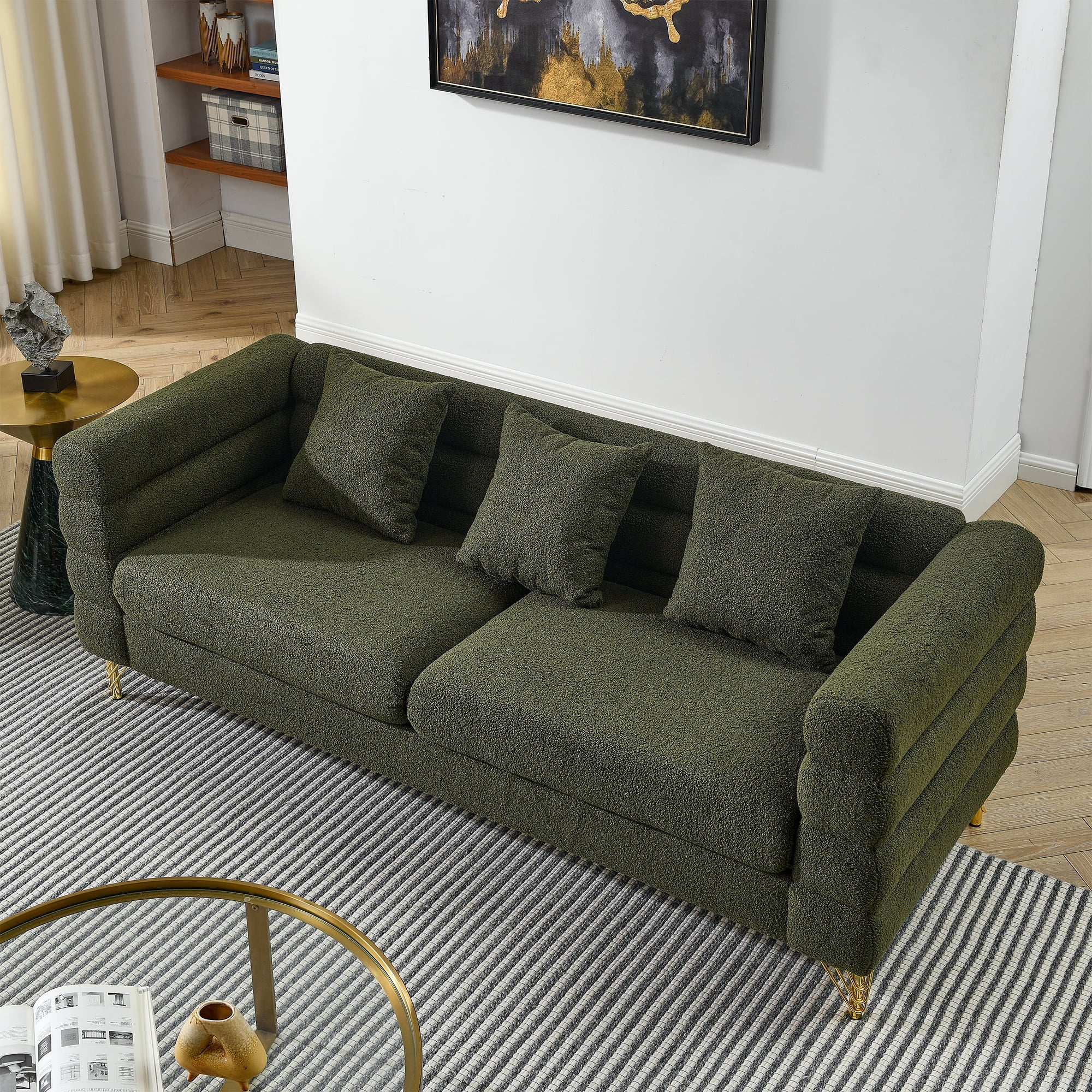 Kadyn 81" Loveseat 3 Seater Sectional Sofa, Fabric Sofa with 3 Pillows, Upholstered Sofa Couch for Living Room, Green