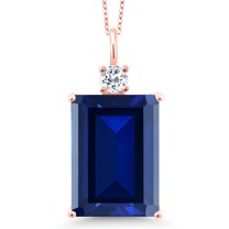 Gem Stone King 18K Rose Gold Plated Silver Blue Created Sapphire and White Topaz Pendant Necklace for Women (17.83 Cttw, Emerald Cut 18X13MM, With 18 inch Silver Chain)