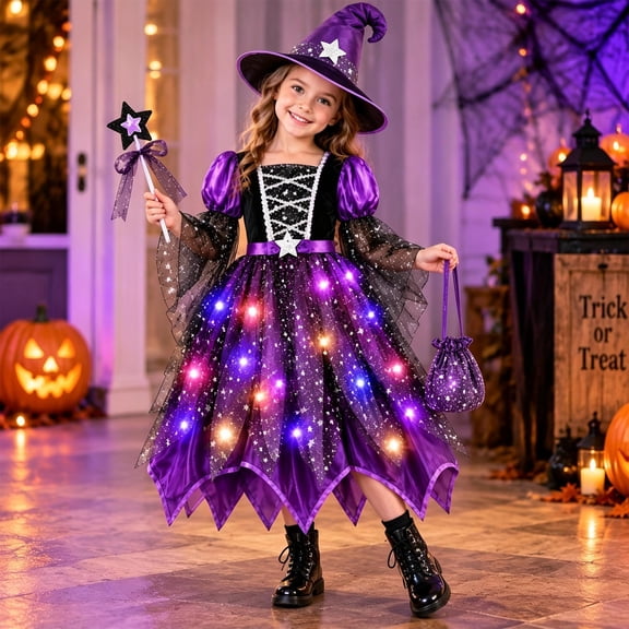 Zylarhe Zylarhe Girls Halloween Dress Light Up Witch Purple Star with Witch Hat and Wand for Kids Cosplay Party Carnival Dresses Purple 6-7 Years