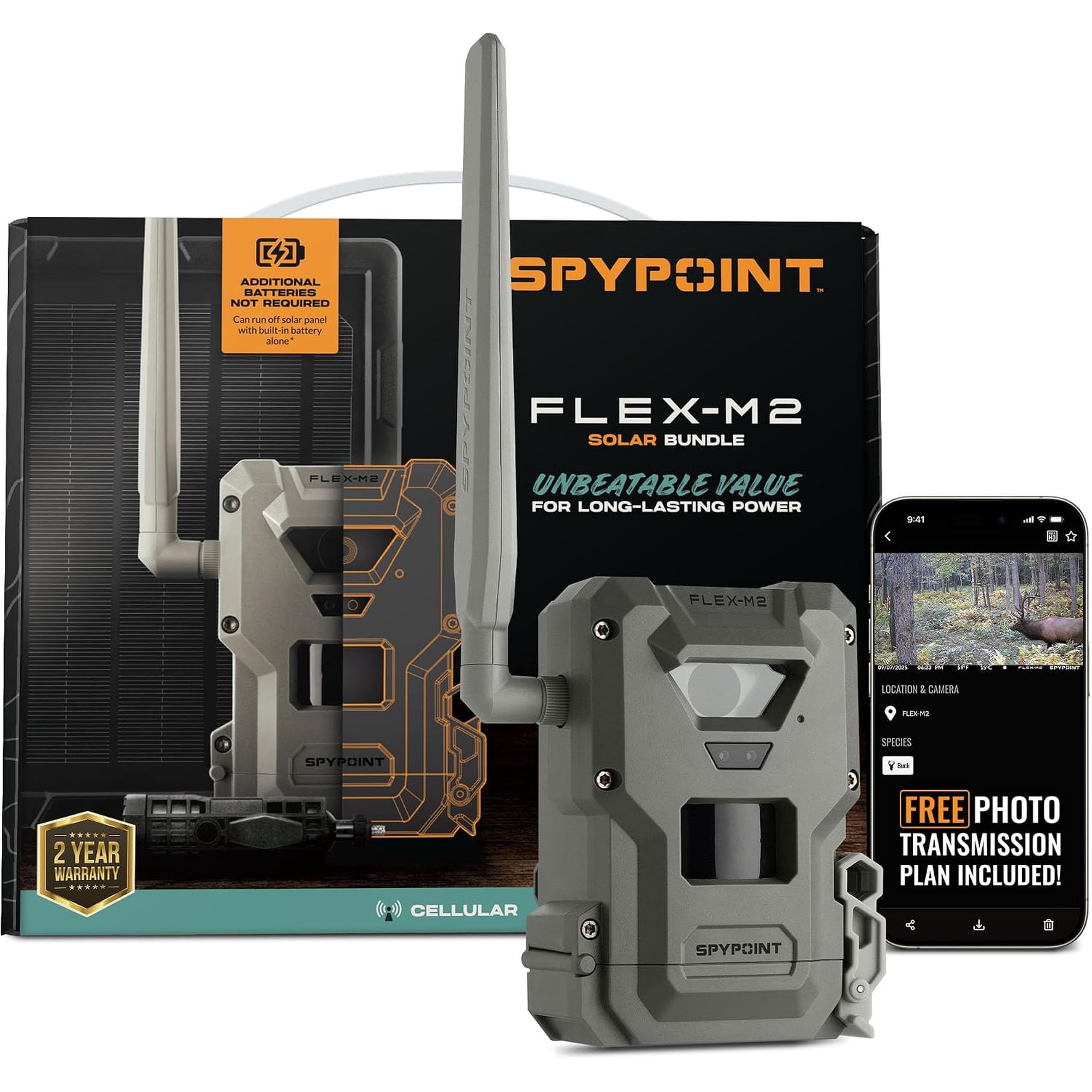 SPYPOINT Flex-M2 Solar Bundle - Cellular Trail Camera - Latest Generation Best Hunting Accessories No WiFi Needed GPS Night Vision Dual-SIM LTE Game Camera 32MP Photos 1080p Videos + Sound