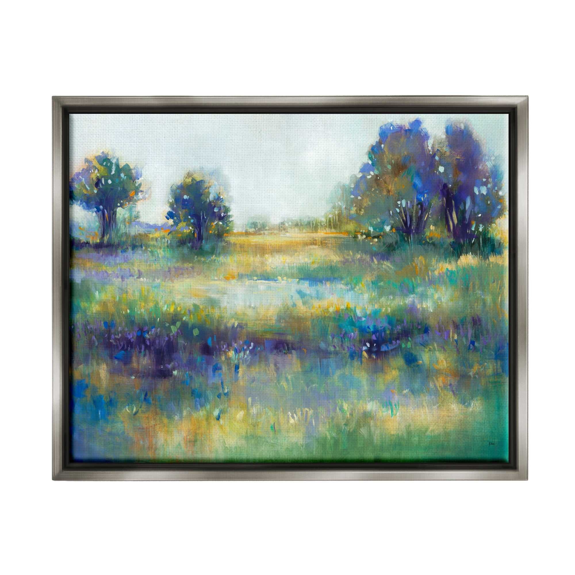 Stupell Industries Wetland Watercolor Landscape Abstract Blue Green Painting Luster Gray Framed Floating Canvas Wall Art, 16x20, by Third and Wall