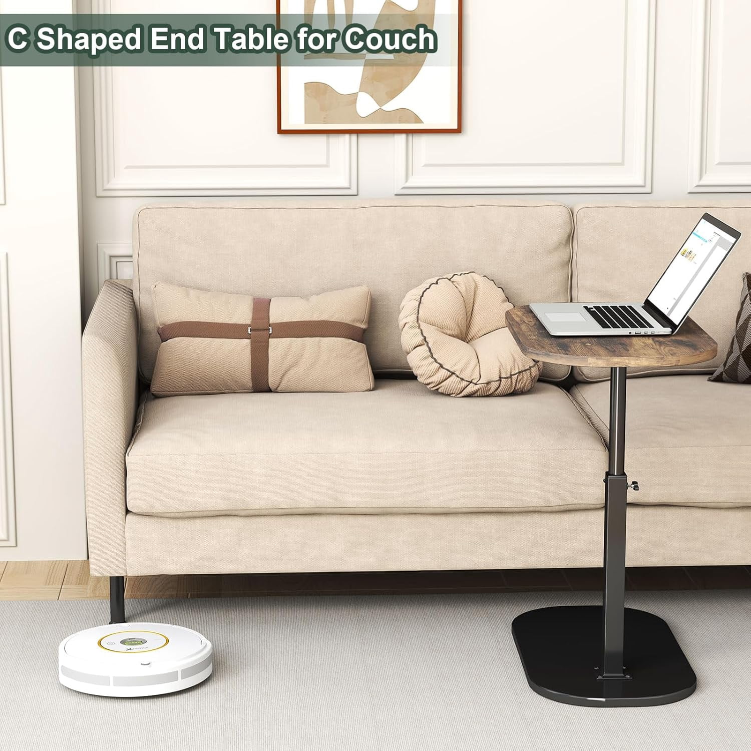 Adjustable Height C-Shaped Side Table - 360° Swivel Top, Slides Under Sofa/Bed, Modern End Table (Walnut) 4 thumbnail image