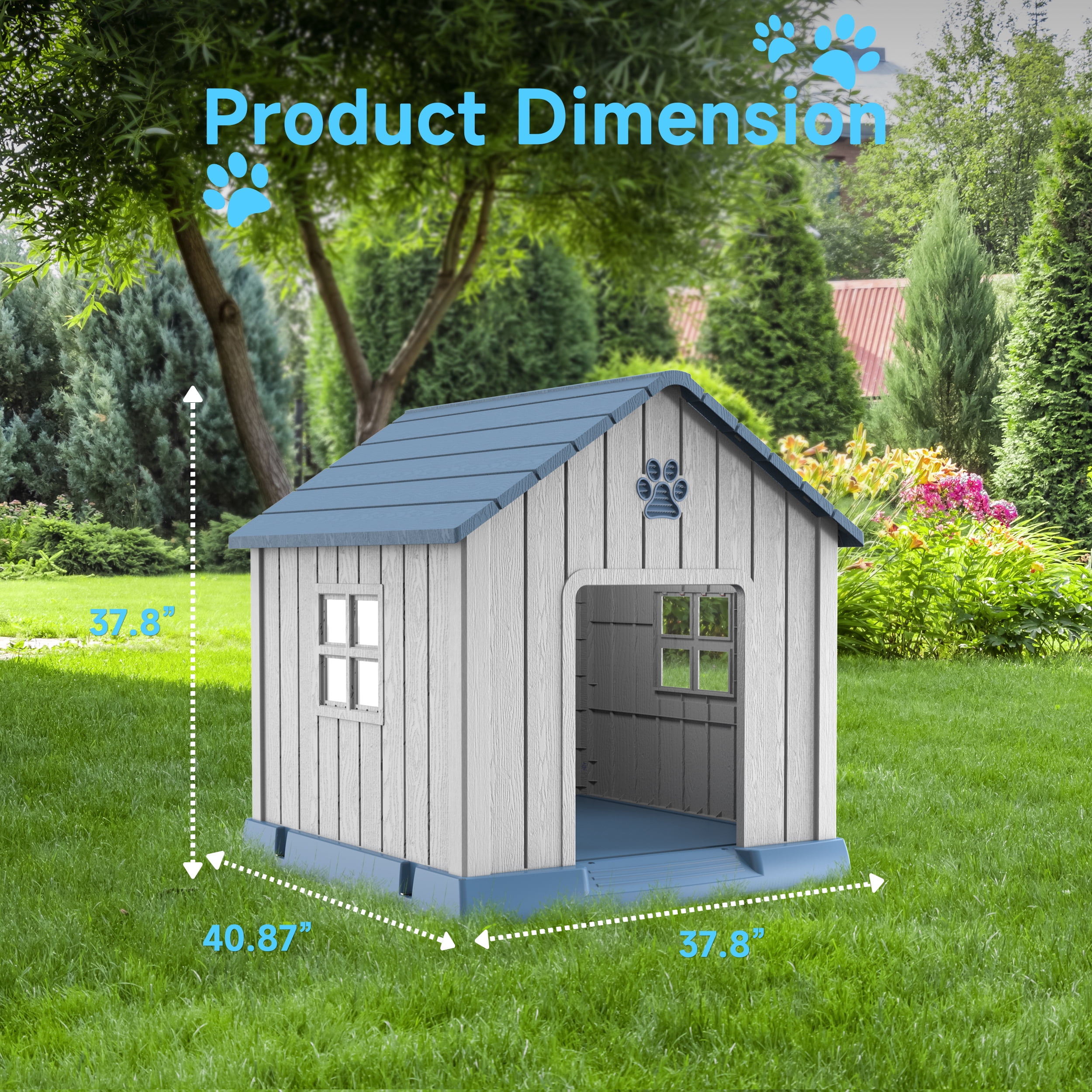 Dog House Indoor Outdoor for Small to Large Sized Dogs Indoor Outdoor Doghouse Puppy Shelter with Elevated Floor, Easy to Assemble (Blue&Grey, 38Inch(37.8 * 40.87 * 38.82))