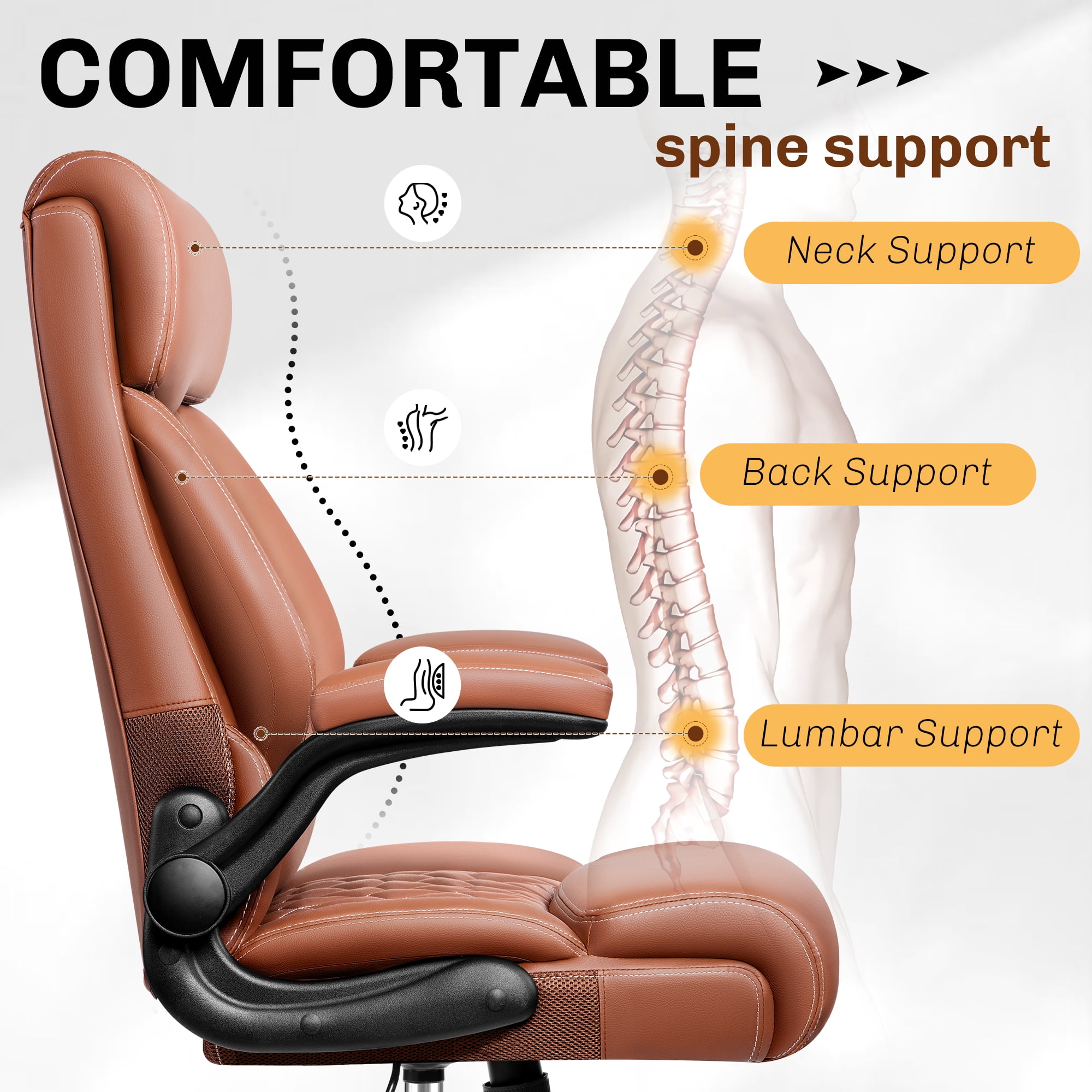 FASTES Office Chair, Ergonomic Computer Desk Chair with Rocking Function, Leather Chair with Adjustable Flip-up Armrests and Lumbar Support, Brown