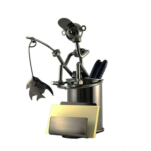 Metal Fisherman Pencil Holder - Handmade Desk Organizer for Pens, Business Cards & Office Supplies - Recycled Metal Art Décor - 7"H x 4"W x 5"D
