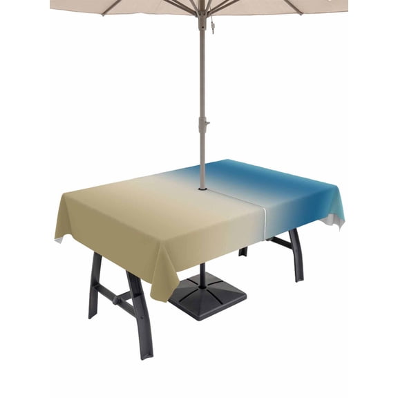 Outdoor Tablecloth with Umbrella Hole for Patio/Picnic/Party/Camping, Blue Beige Ombre Waterproof Table Cloth Rectangle Table Cover Washable, Contemporary Art Abstract Aesthetics (60"x 102")