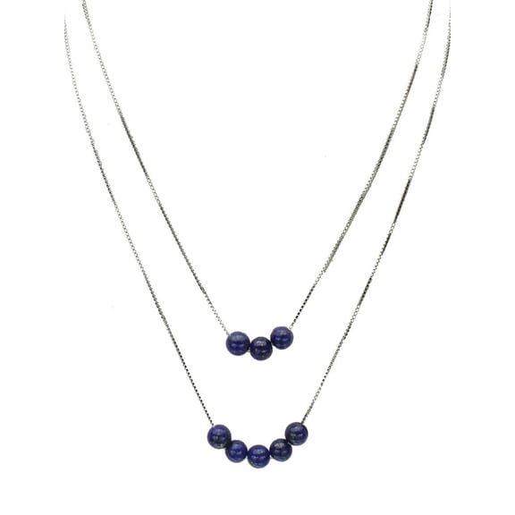 2-Strand Blue Lapis Stone Beads Sterling Silver Box Chain Necklace, 16" 2" Extender